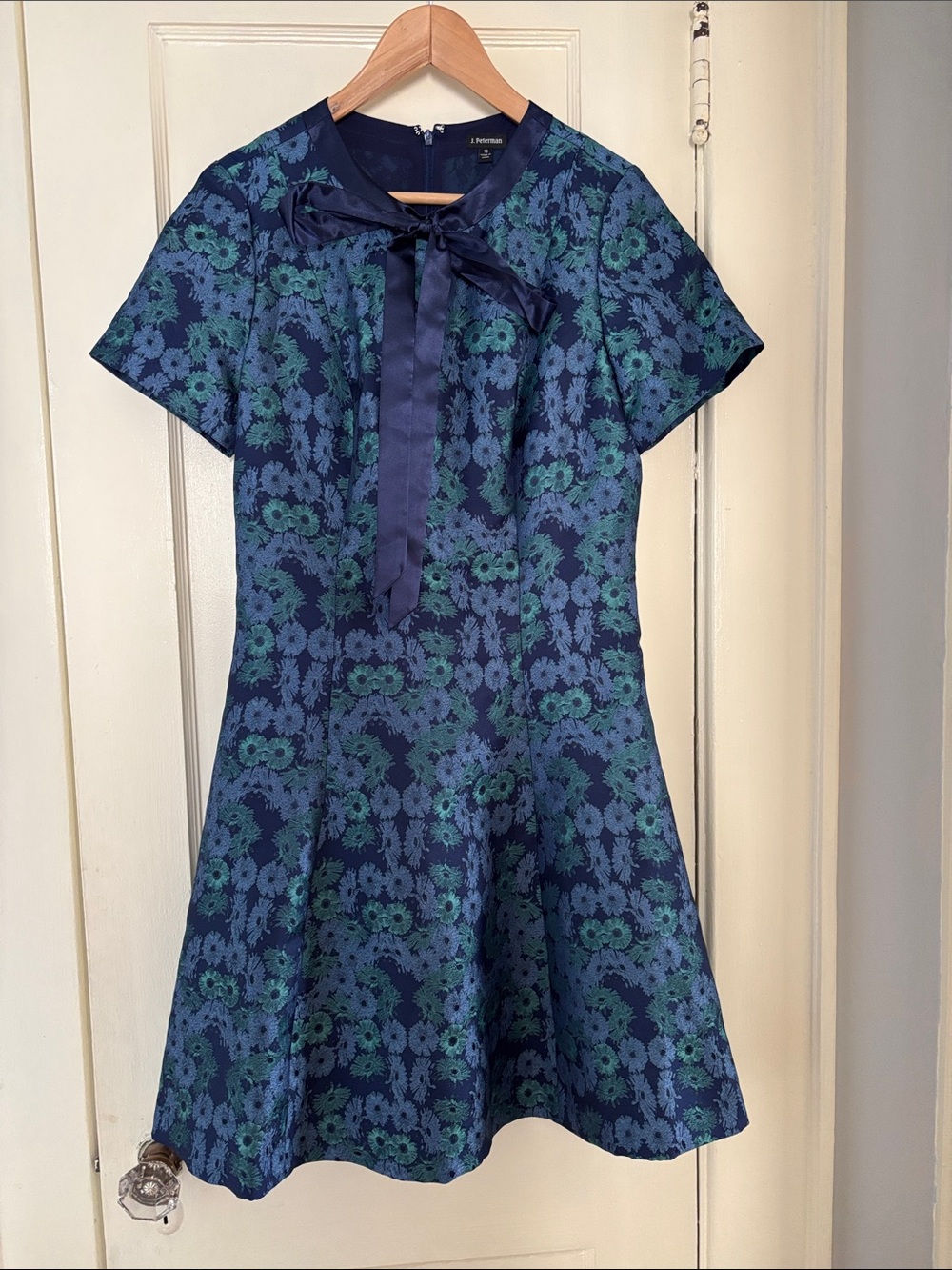 J. Peterman Navy and Teal Floral Tie-Neck Fit-and-Flare Dress
